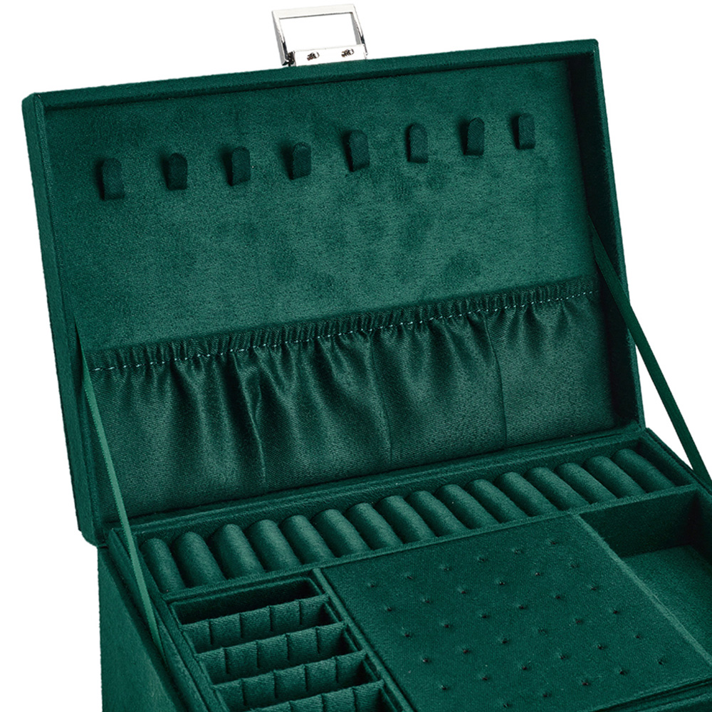 Living and Home 3 Tier Dark Green Velvet Jewellery Case with Lock Image 6