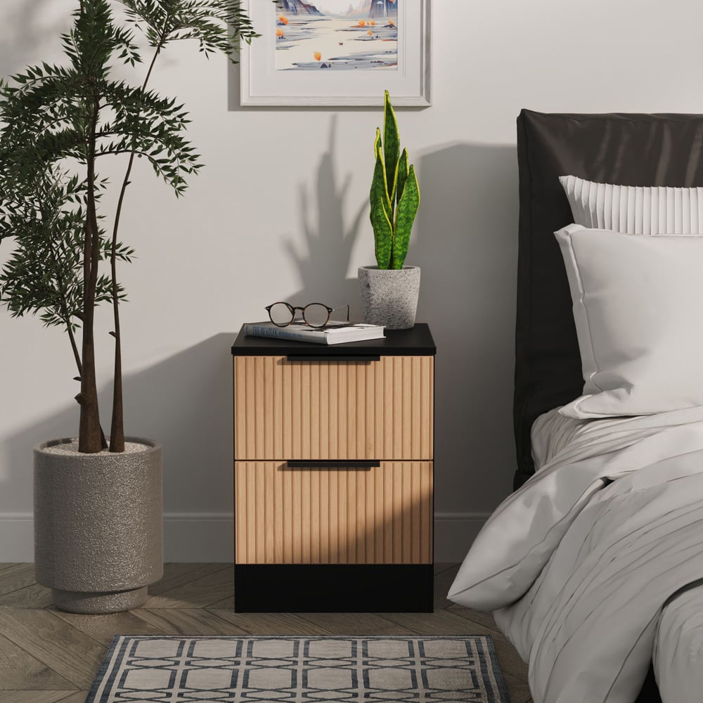 Crowndale Java 2 Drawer Slatt Effect and Black Compact Bedside Cabinet Image 7