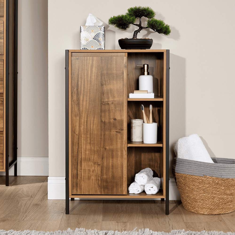 Home Source Locastra Single Door 3 Shelf Oak and Black Bathroom Floor Cabinet Image 6