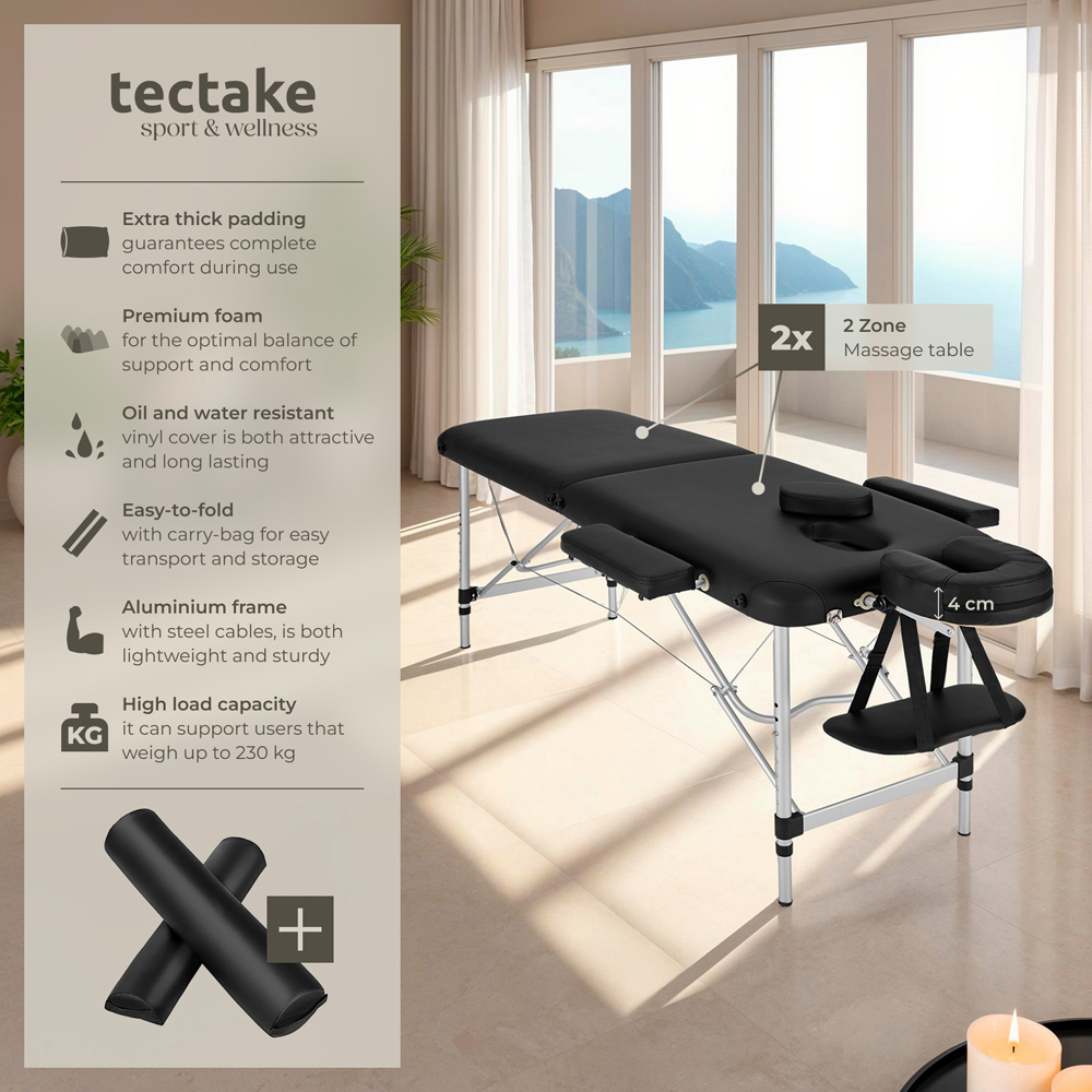 Massage Table - 2-zone bed with aluminium frame, bolsters, carry bag, head- and armrests - Black Image 7