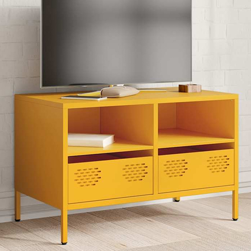 vidaXL 2 Drawer 2 Shelf Mustard Yellow Cold-Rolled Steel TV Cabinet Image 1