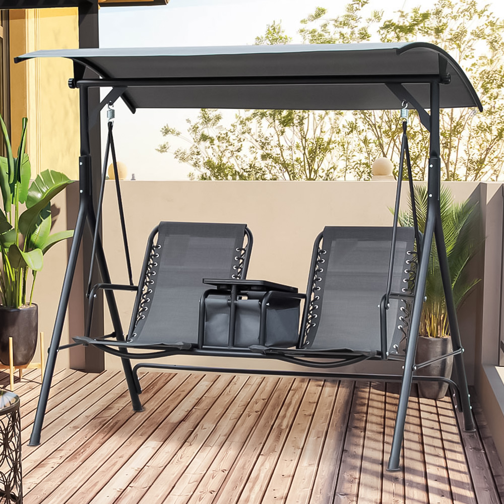 Outsunny 2 Seater Grey Steel Texteline Swing Chair with Middle Table Image 1