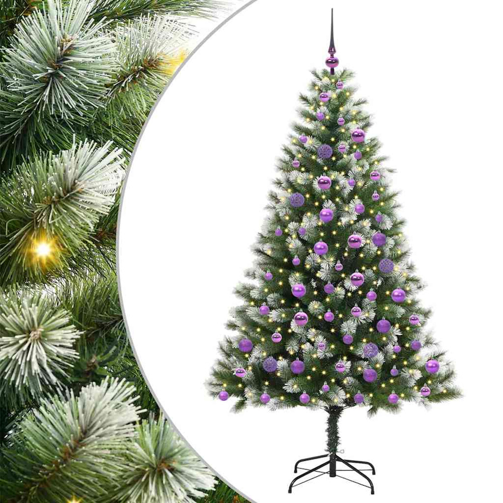vidaXL Pre-Lit Lilac Baubles Green Artificial Snow Tipped Hinged Christmas Tree 6ft Image 2