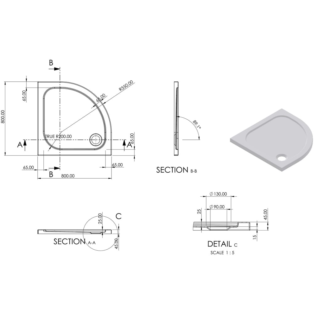 Bathstore 45mm White Glass Reinforced Plastic Quadrant Shower Tray with Chrome Waste 800 x 800mm Image 3