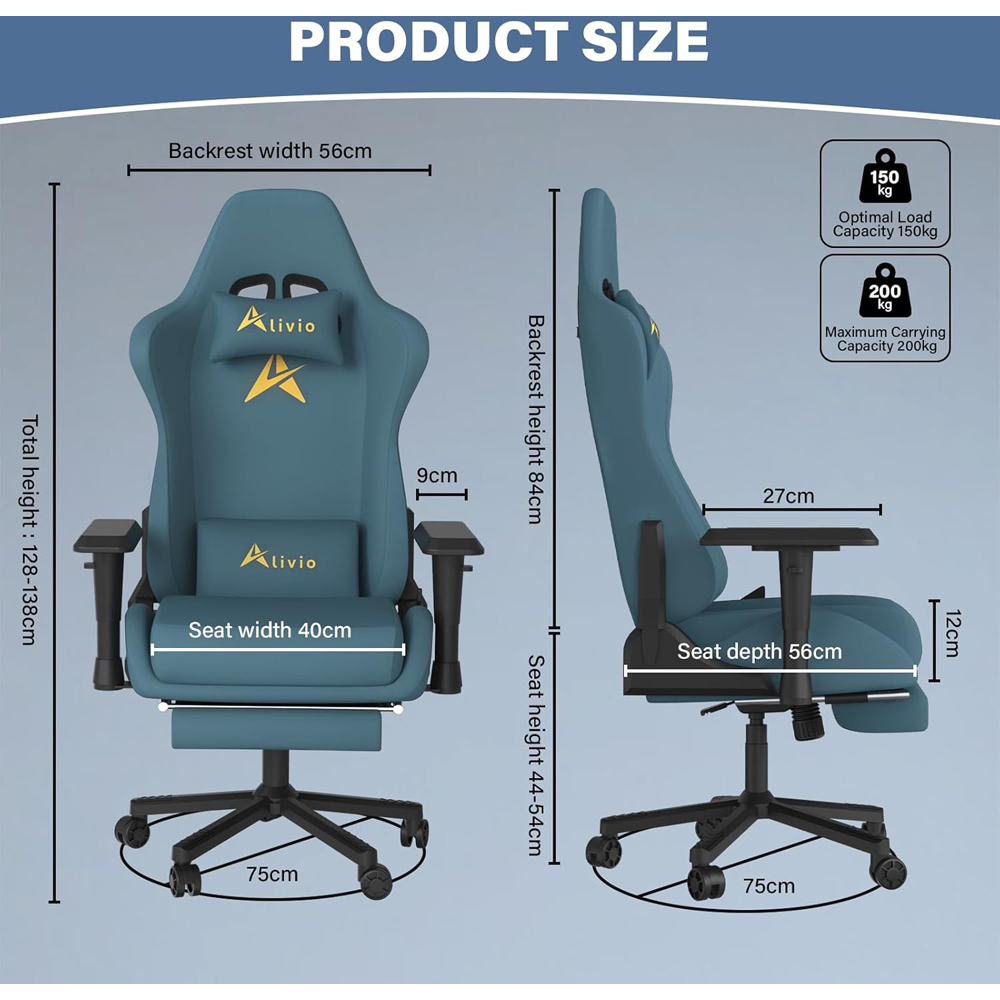 Alivio Blue Velvet Reclining Gaming Chair with Lumbar and Headrest Support Image 9