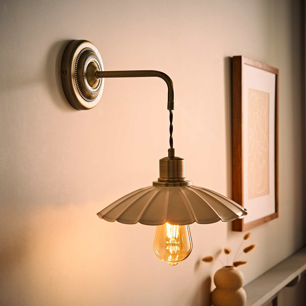 ValueLights Holborn Cream Scallop Metal Shade Brushed Gold Adjustable Wall Light with Bulb Image 6