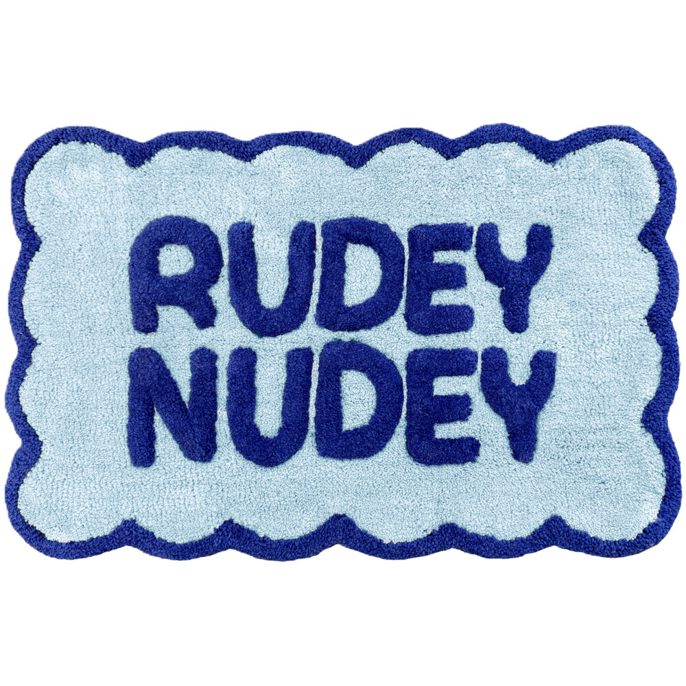 Allure Bath Fashions Blue Rudey Nudey Slogan Scalloped Non-Slip Bath Mat 50 x 80cm Image 1