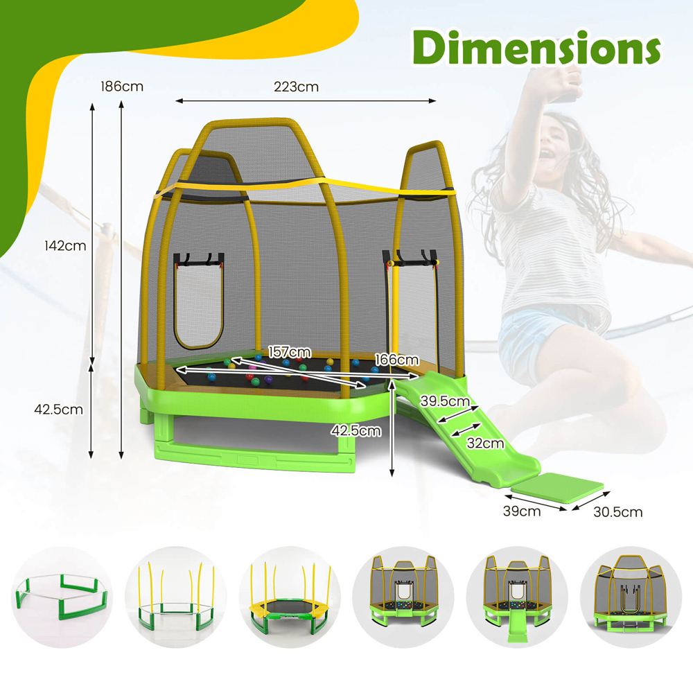 Costway 7ft Green Hexagonal Trampoline with Slide and Safety Enclosure Net Image 7
