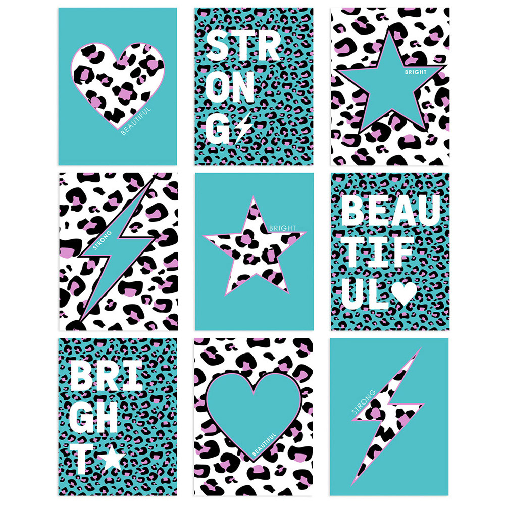 Wee Blue Coo Turquoise Purple Leopard Pattern Heart Lightning Star Wall Art Print 30 x 41cm 9 Pack Image 1