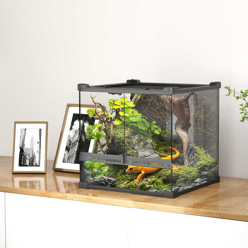 PawHut Black Glass Terrarium with Stone Background 24L Image 2