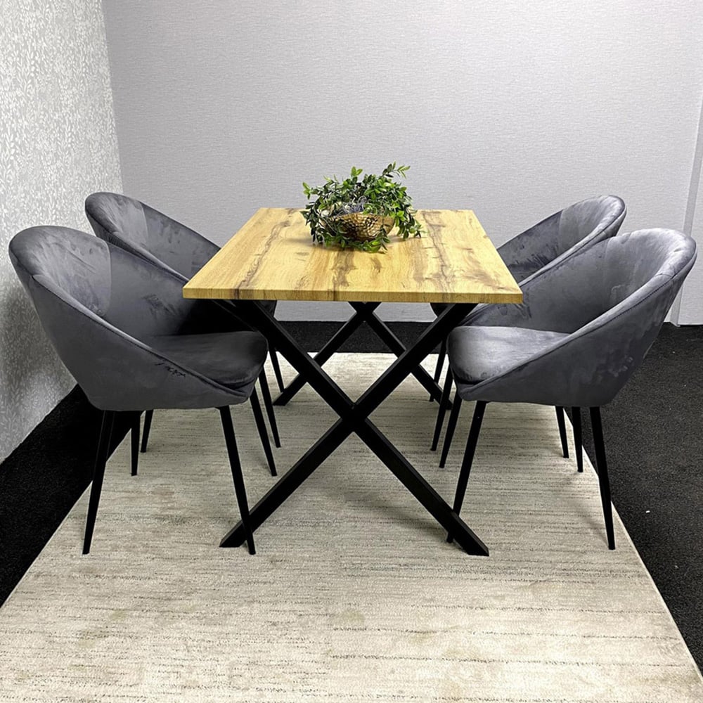 Kosy Koala 4 Seater Grey Velvet Wooden Dining Table Set Image 1