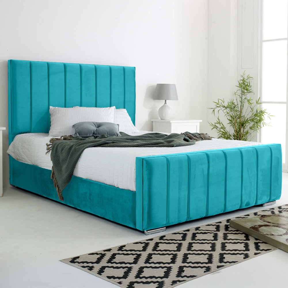 Eleganza Coraline Small Double Teal Plush Velvet Bed Frame with Headboard and Footboard Image 1