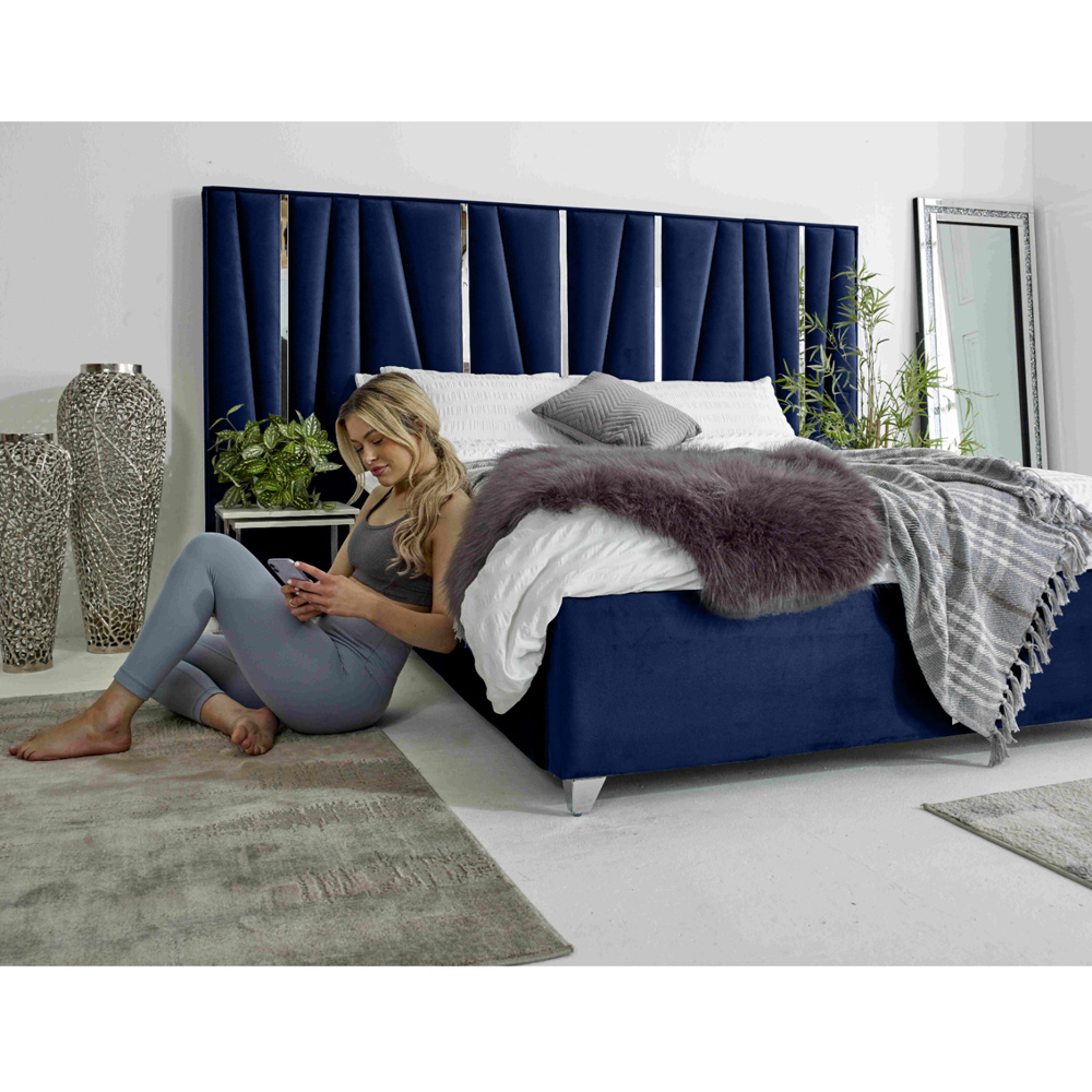 Eleganza Mila King Size Blue Plush Velvet Bed Frame with Lined Headboard Image 5