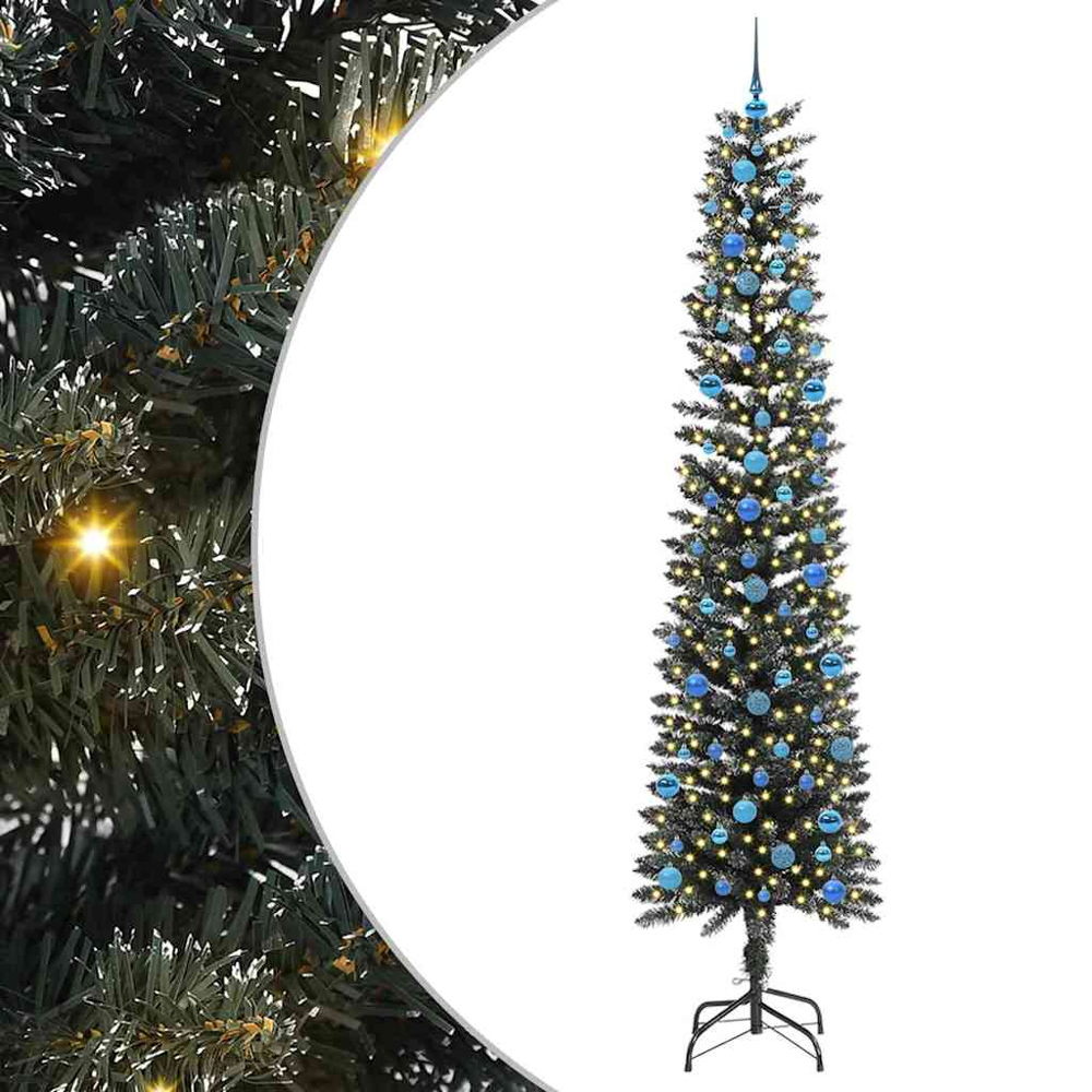 vidaXL Pre-Lit Blue Baubles Green Artificial Christmas Tree 8ft Image 2