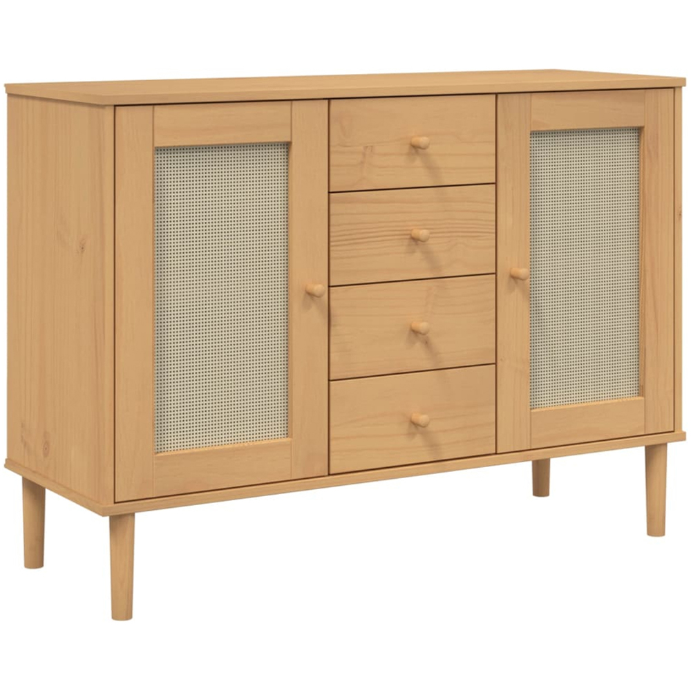 vidaXL Senja 2 Door 4 Drawer Brown Solid Pine Wood Rattan Look Sideboard Image 2