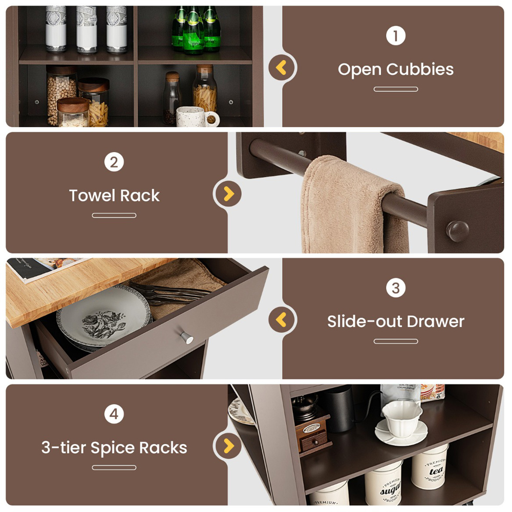 Costway Single Drawer 5 Shelf 4 Cube Brown Rubberwood Top Mobile Serving Trolley Cart Image 5
