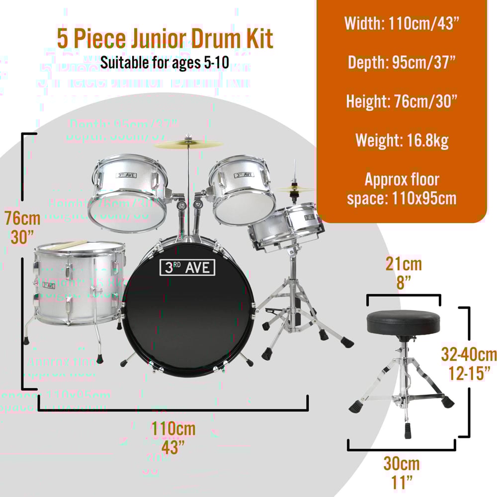 3RD AVENUE 3 Piece Silver Beginner Drum Kit Image 4