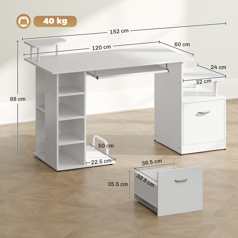HOMCOM Single Drawer 8 Shelf Wooden Computer Desk with Keyboard Tray CPU Storage Rack White Image 8