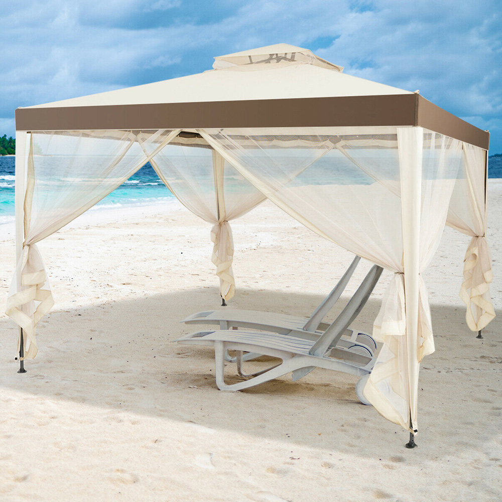 Costway 3 x 3m Beige Double Tiered Canopy Gazebo Tent Image 1