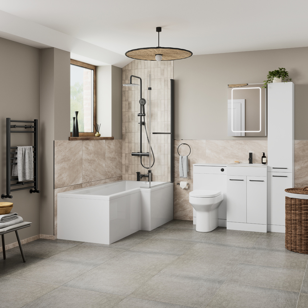 Bathstore Nazare Matt Black Left Hand L-Shape Shower Bath Set 1700 x 850mm Image 2
