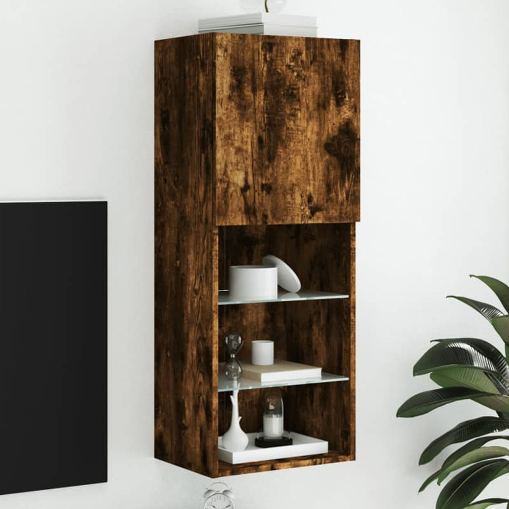vidaXL Single Door 3 Shelf Smoked Oak Wall Mounted LED TV Cabinet Image 1