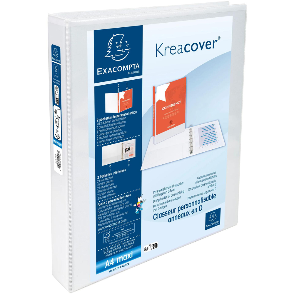 Exacompta Kreacover White Polypropylene 4D Ring Binder with 2 Pockets 25mm 10 Pack Image 2
