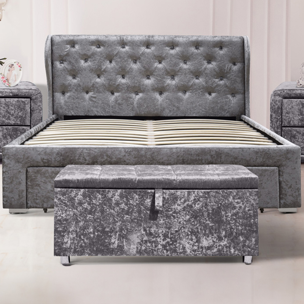 Brooklyn Double Silver Crushed Velvet 4 Drawer Bed Frame with Blanket