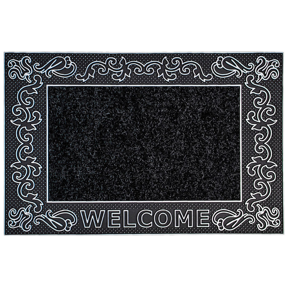 JVL Rico Silver Black Scroll Metallic PVC Door Mat 45 x 75cm Image 1