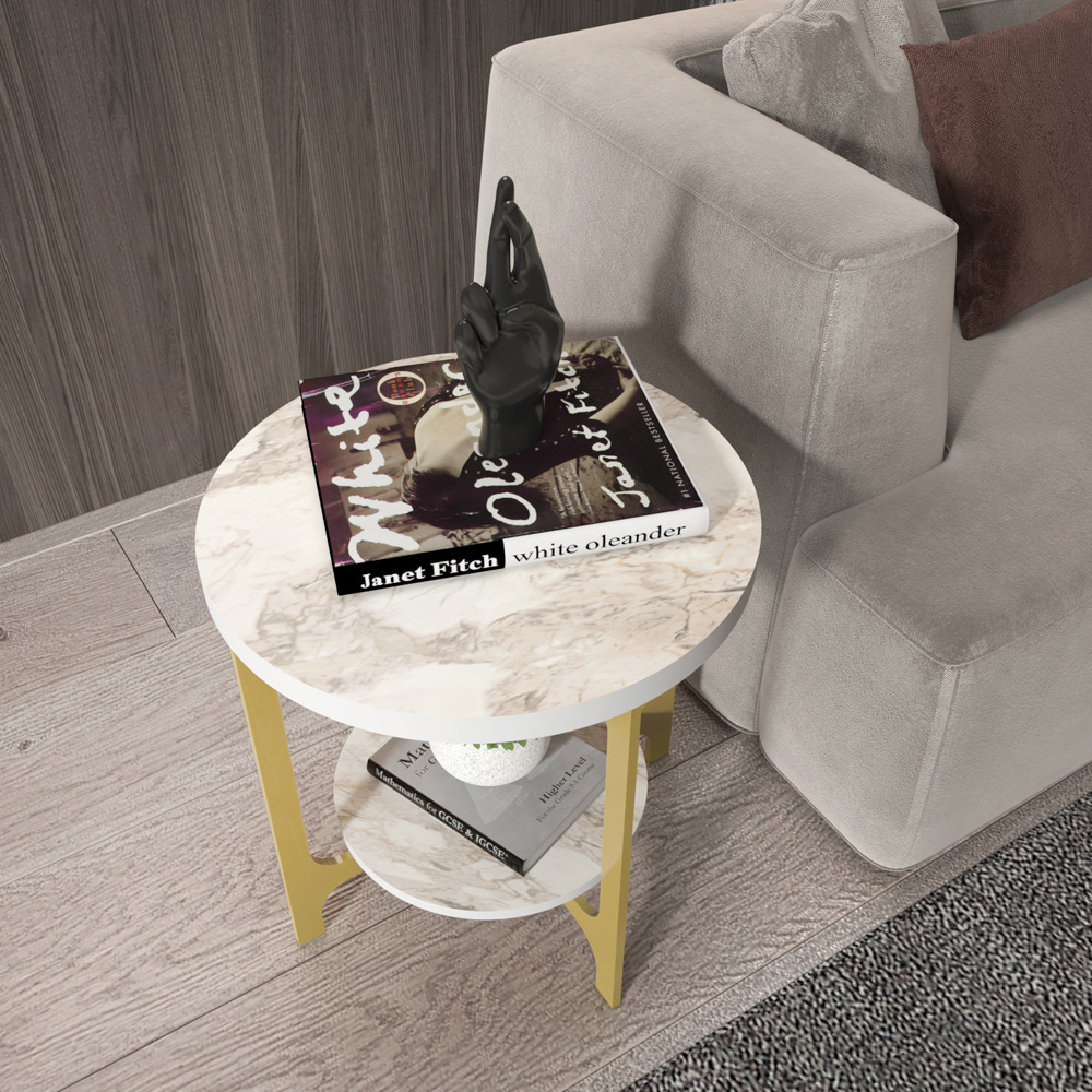 Decorotika Versy White Marble Effect and Gold Round End Table Image 6