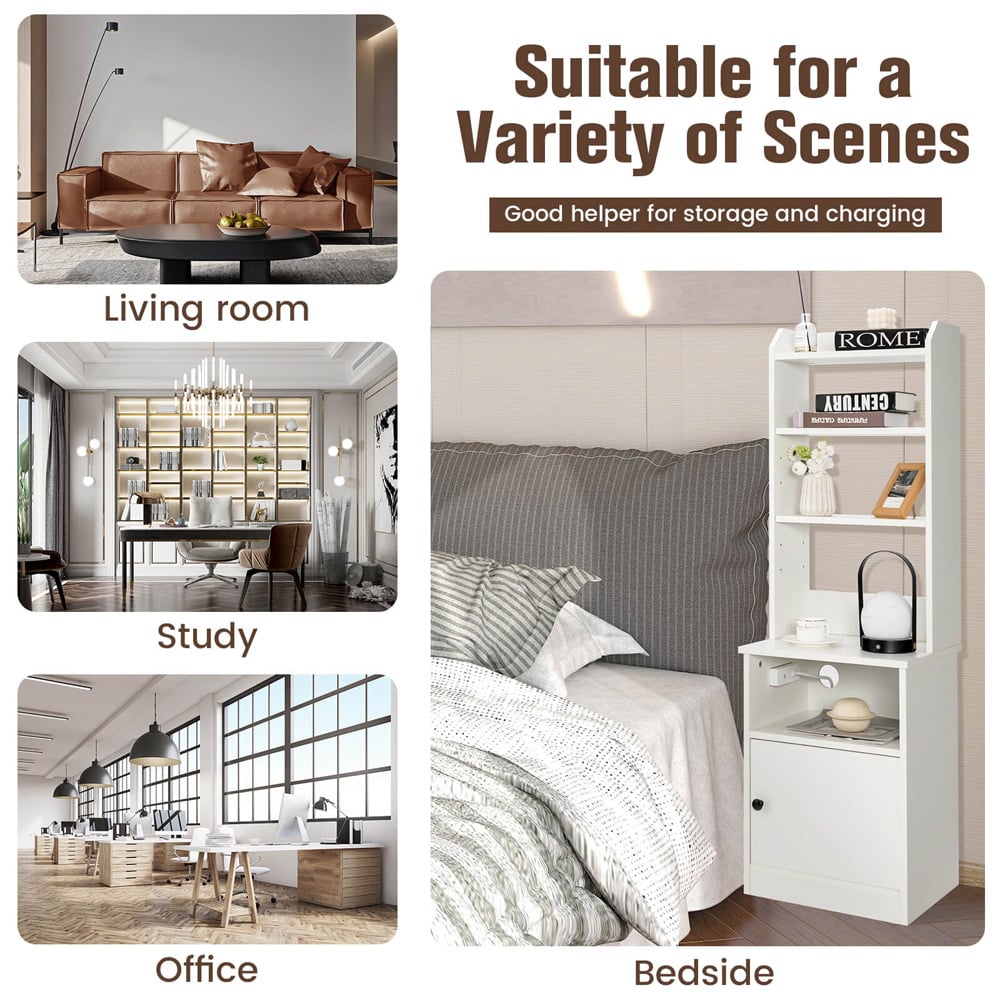 Costway Single Door 5 Shelf White Bedside Table with Charging Station Image 7