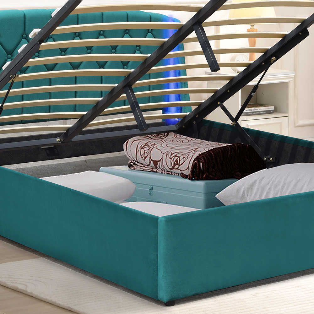 Comfy Living King Size Green Fabric Gaslift Bed Frame with LED Headboard Image 3