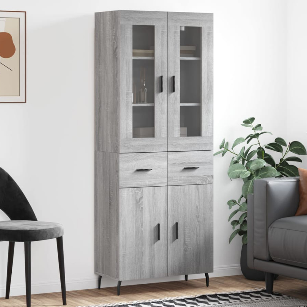 vidaXL 4 Glass and Wood Door 2 Drawer Grey Sonoma Highboard with Metal Legs Image 1