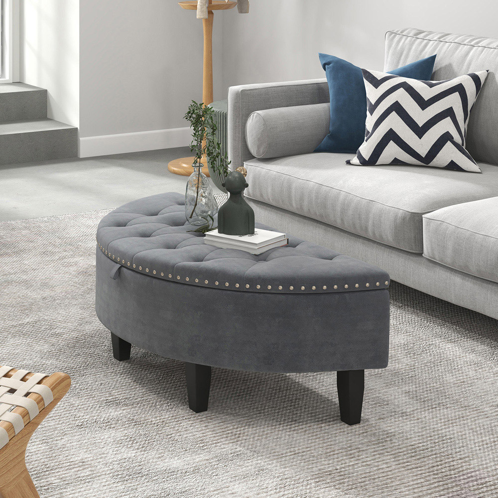 Costway Grey Velvet Half Moon Storage Ottoman Bench Image 4