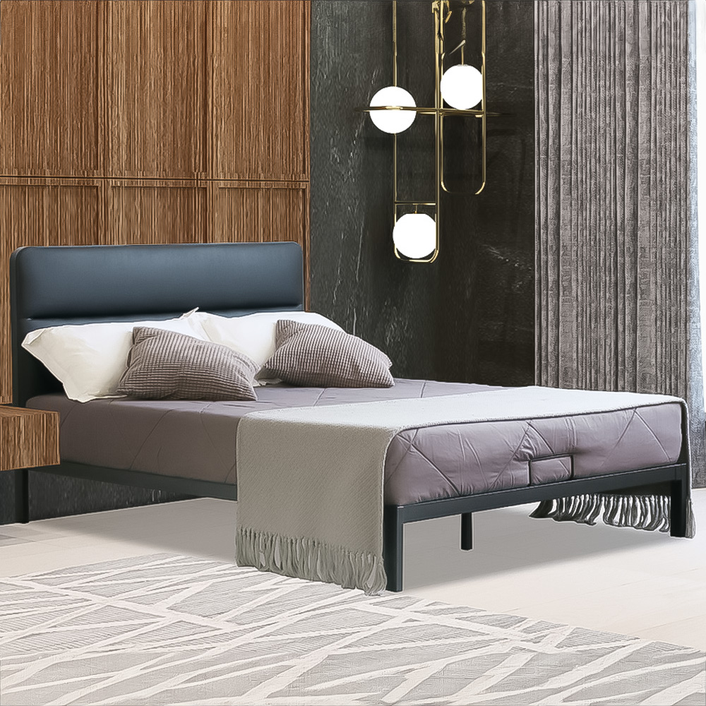 Brooklyn King Size Black Metal Bed Frame with Faux Leather Headboard Image 1