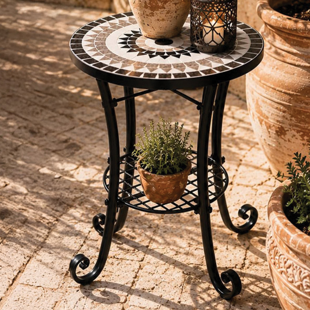 Shatchi Medina 2-in-1 Single Shelf Mosaic Ceramic Tile Top Plant Stand Side Table Image 1