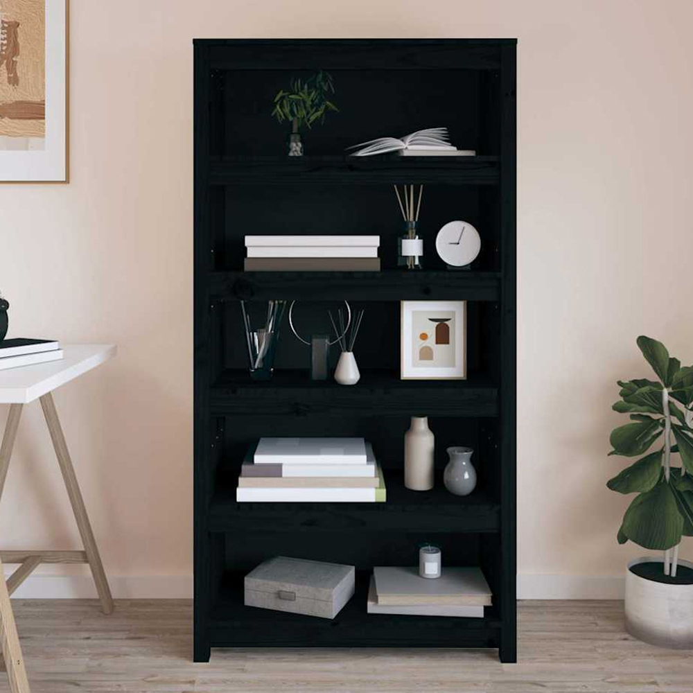 vidaXL 5 Shelf Black Solid Pine Wood Bookcase Image 1