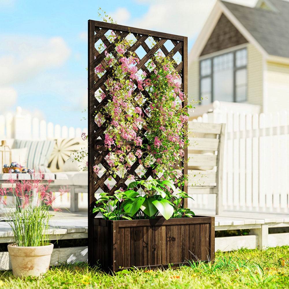 Outsunny Carbonised Wooden Raised Garden Bed Planter Box with Trellis 149.5 x 31.5 x 72.5cm Image 2