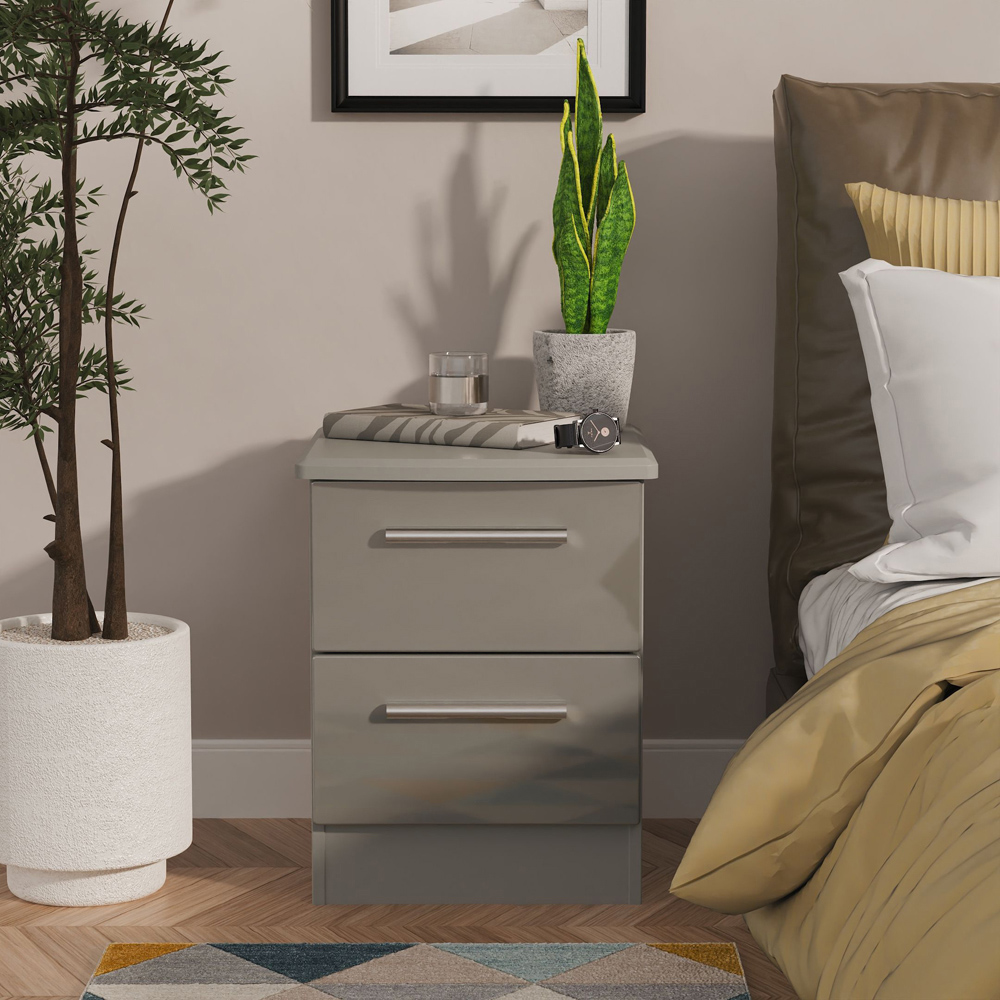 Crowndale Knightsbridge 2 Drawer Grey Gloss and Dusk Grey Compact Bedside Cabinet Ready Assembled Image 7