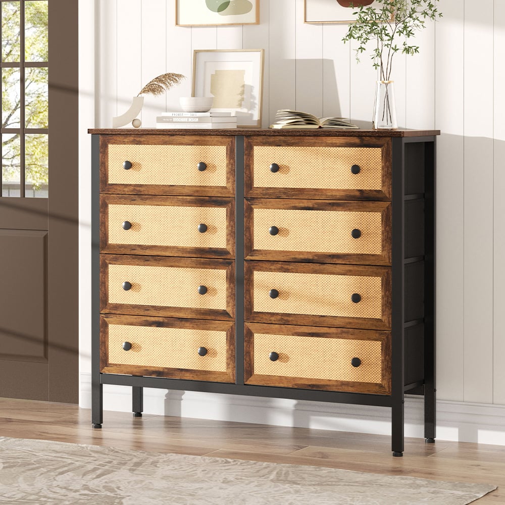 H&O Direct 8 Drawer Rattan Detailing Rustic Cabinet Image 5