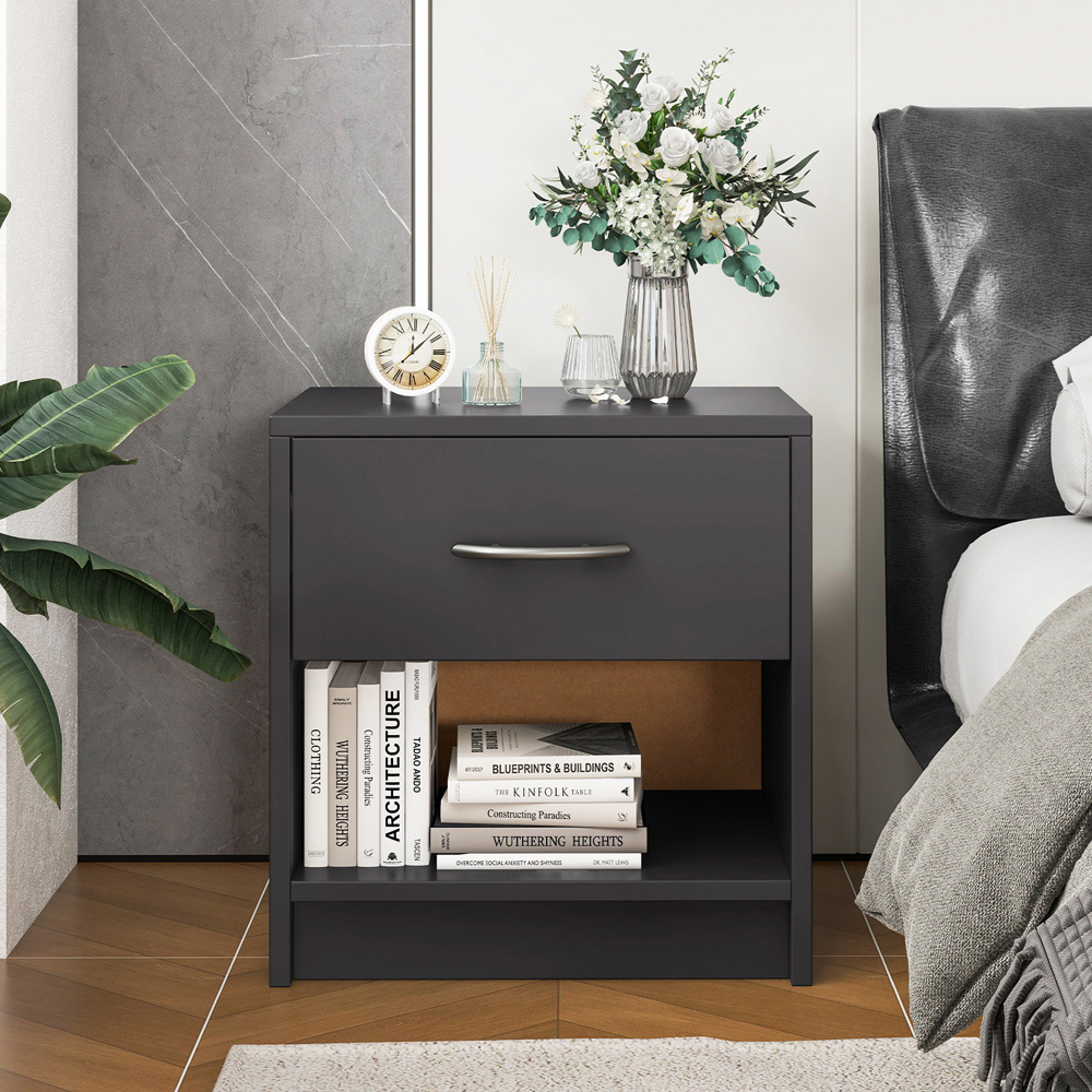 Costway Single Drawer Single Shelf Dark Grey Nightstand Image 4
