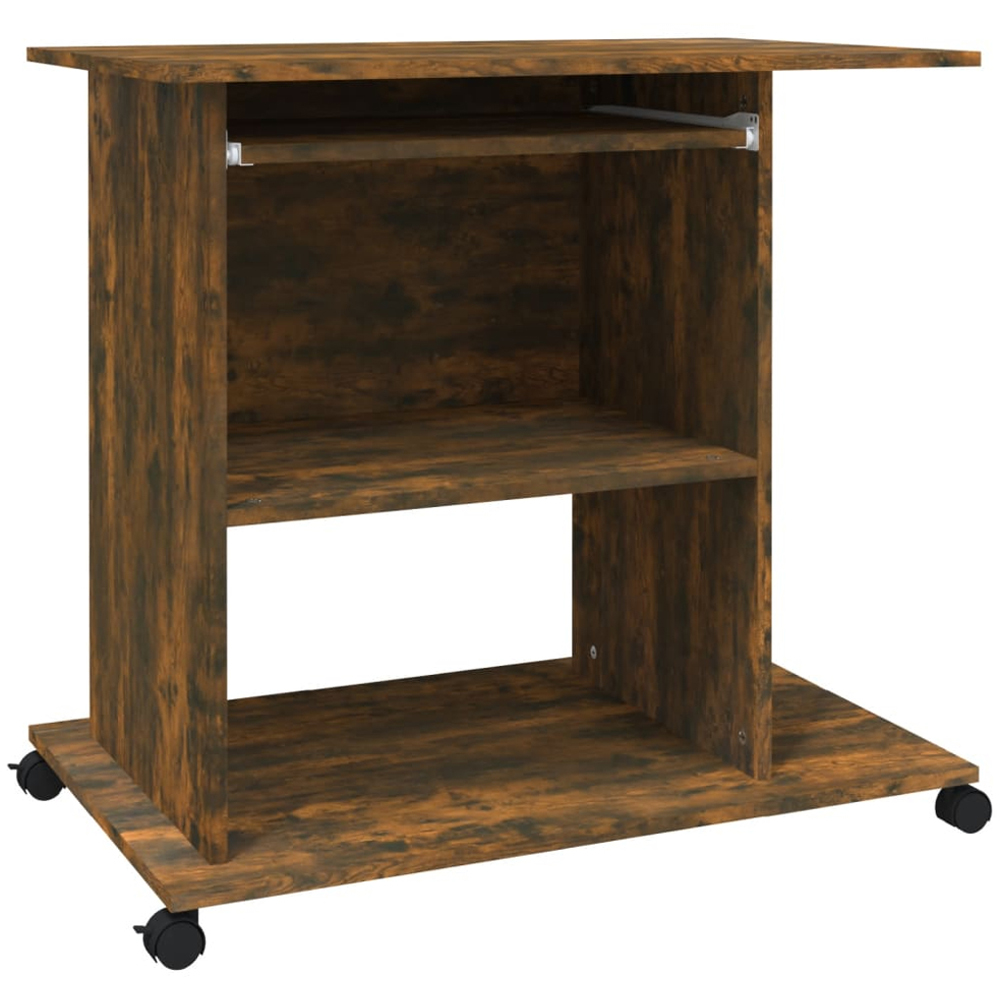 vidaXL 3 Shelf Movable Computer Desk with Keyboard Tray Smoked Oak Image 2