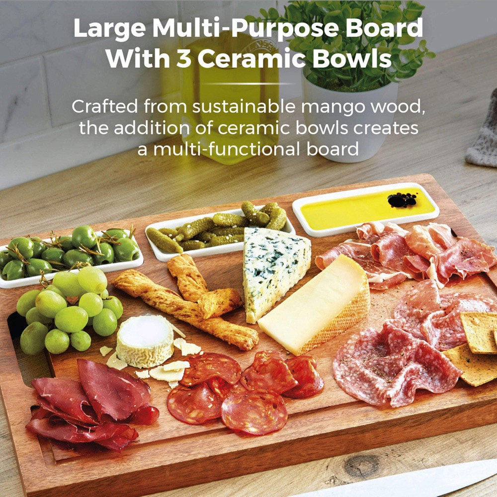 Tower Multipurpose Mango Wood Chopping Board with 3 Ceramic Bowls Image 3