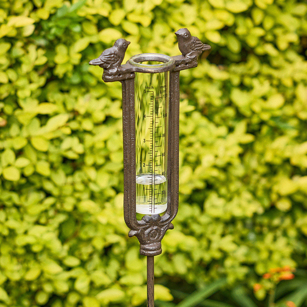 Dibor Antique Brown Cast Iron Bird Standing Rain Gauge Image 3