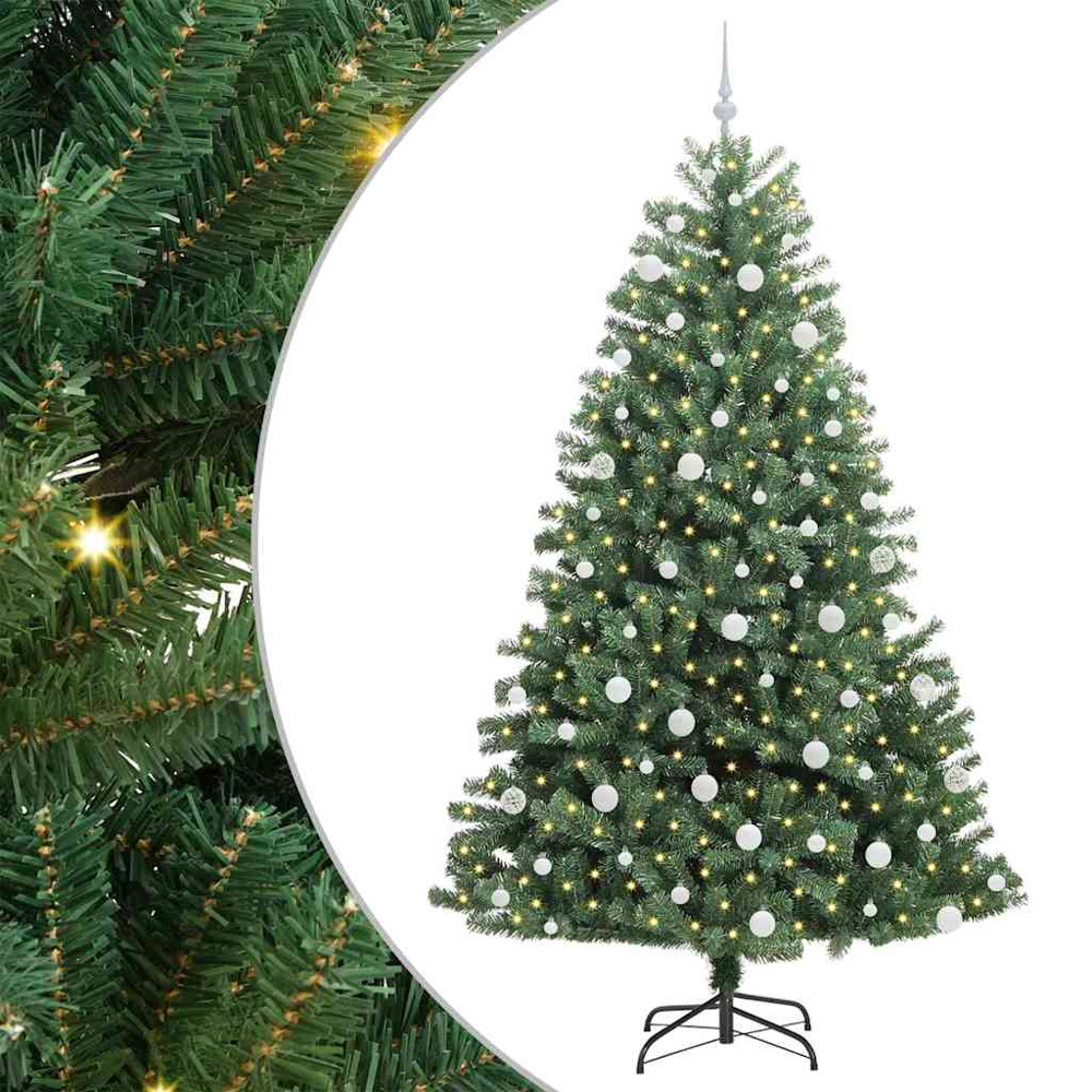 vidaXL Pre-Lit White Baubles Green Artificial Hinged Christmas Tree 7ft Image 2