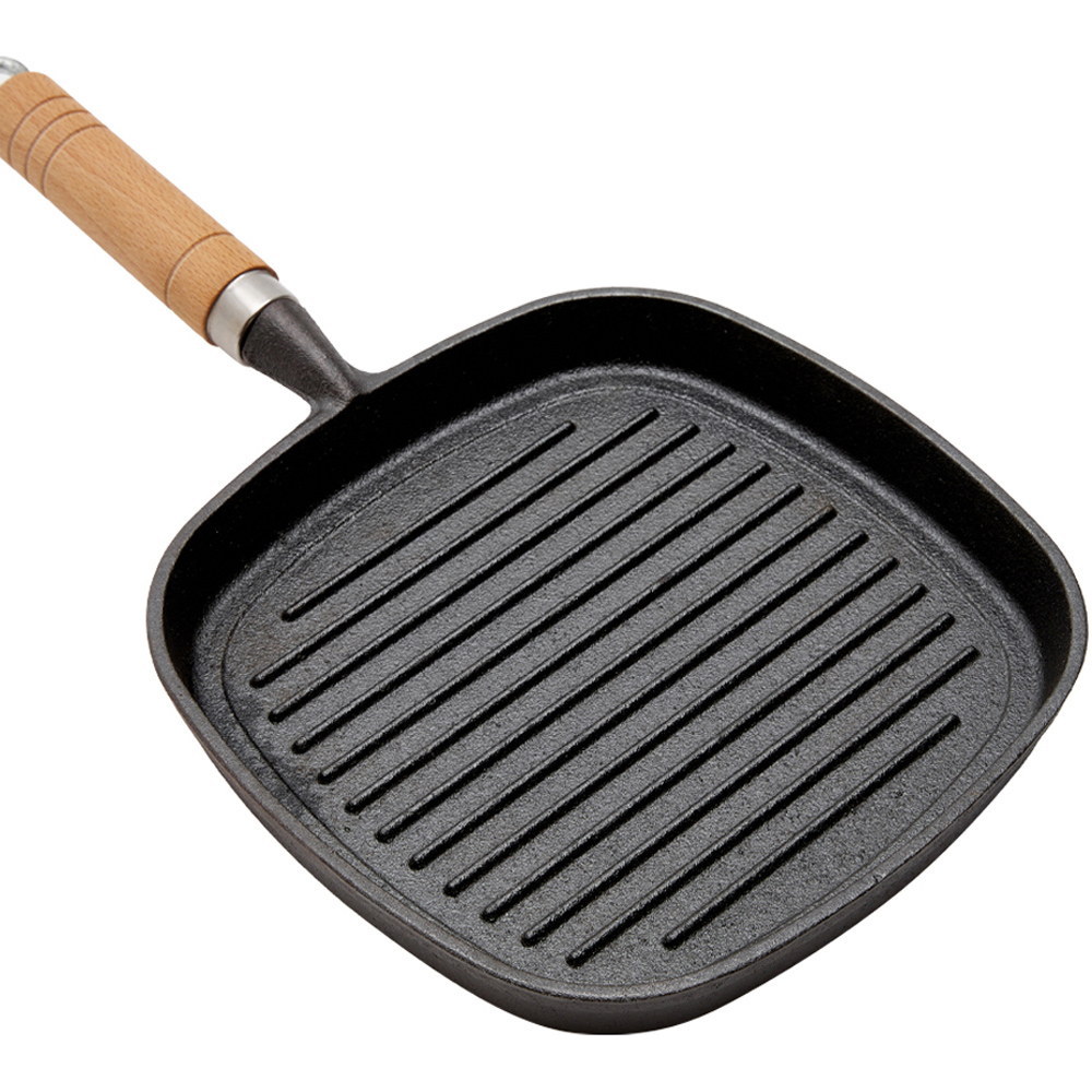 Living and Home 22cm Pre Seasoned Square Cast Iron Grill Pan with Wooden Handle Image 3