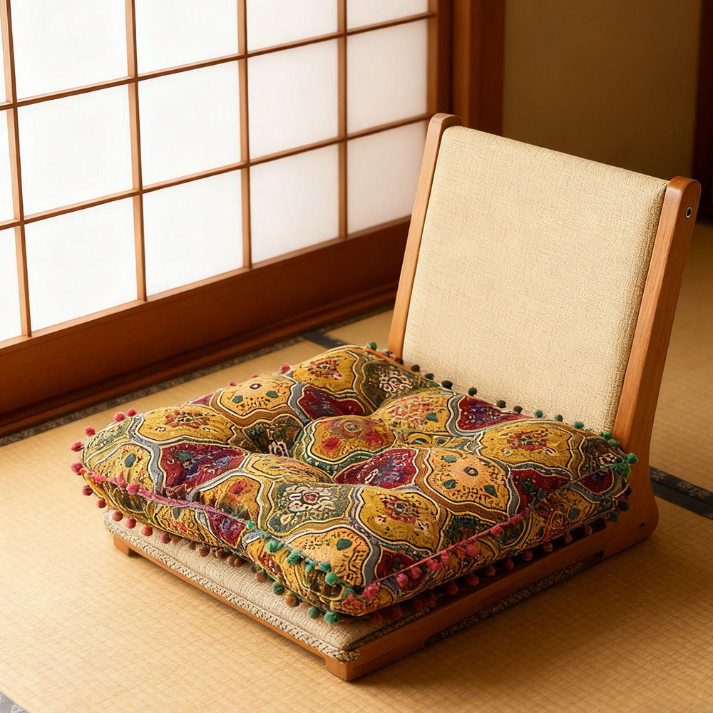 Living and Home Yellow Turkish Style Square Seat Cushion with Pom Pom Trim 40 x 40cm Image 2