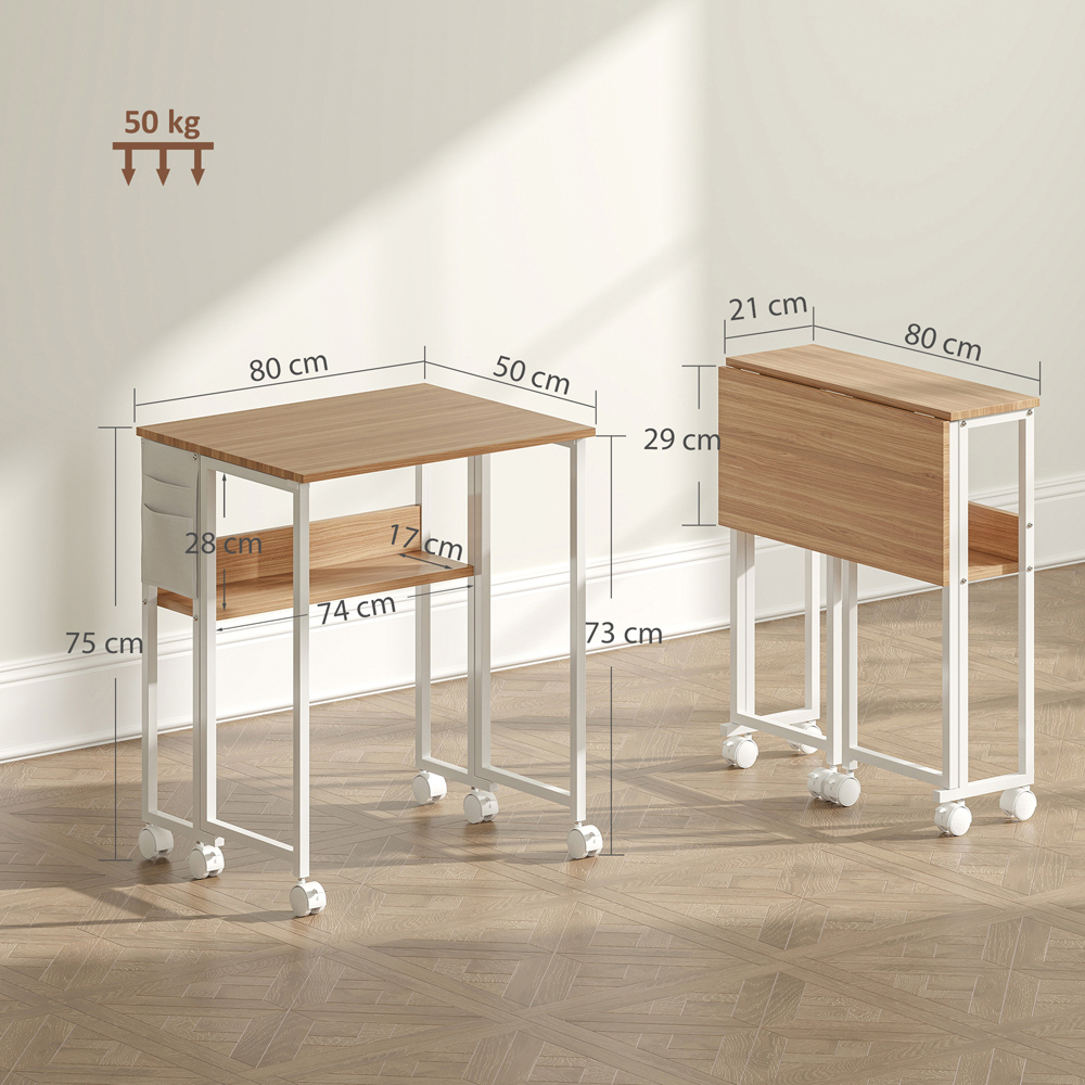 HOMCOM Single Shelf Foldable Computer Desk with Wheels and Side Bag Natural Image 9