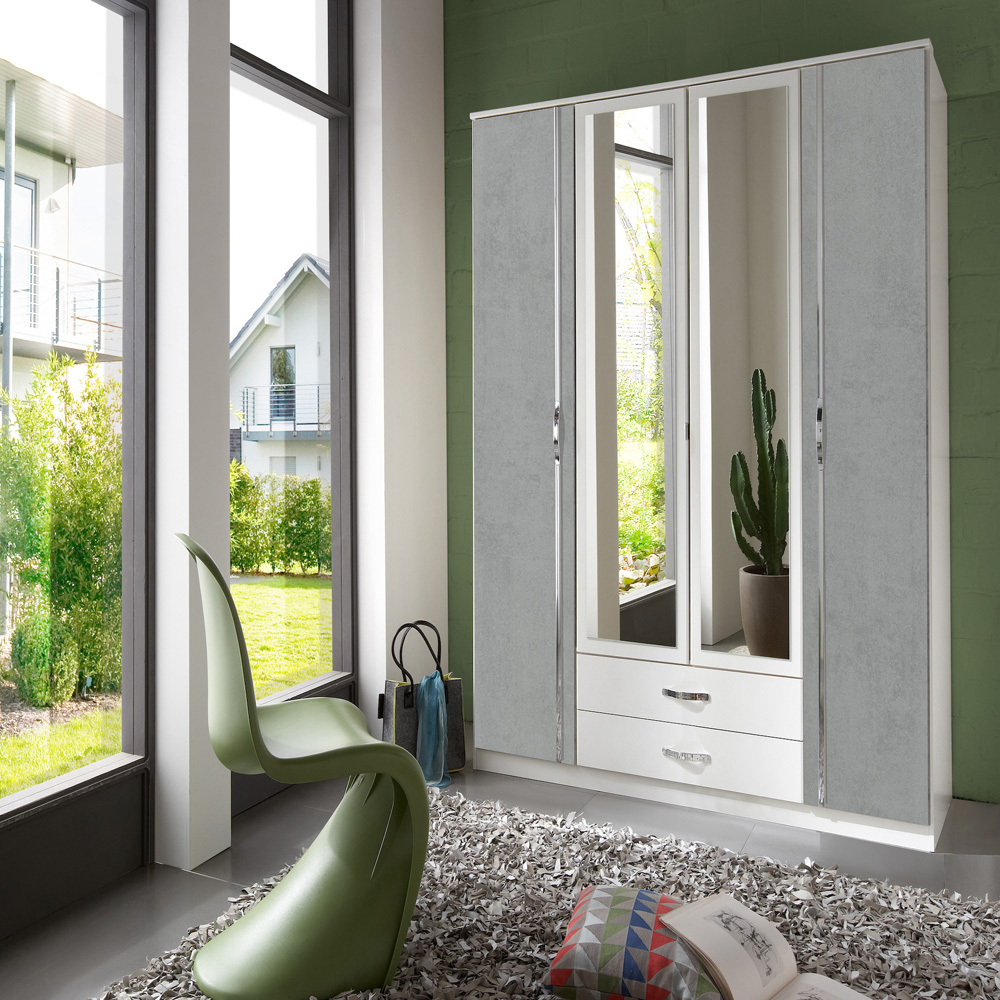 TJ'S Clack 4 Door 2 Drawer Grey and White Mirrored Wardrobe Image 4