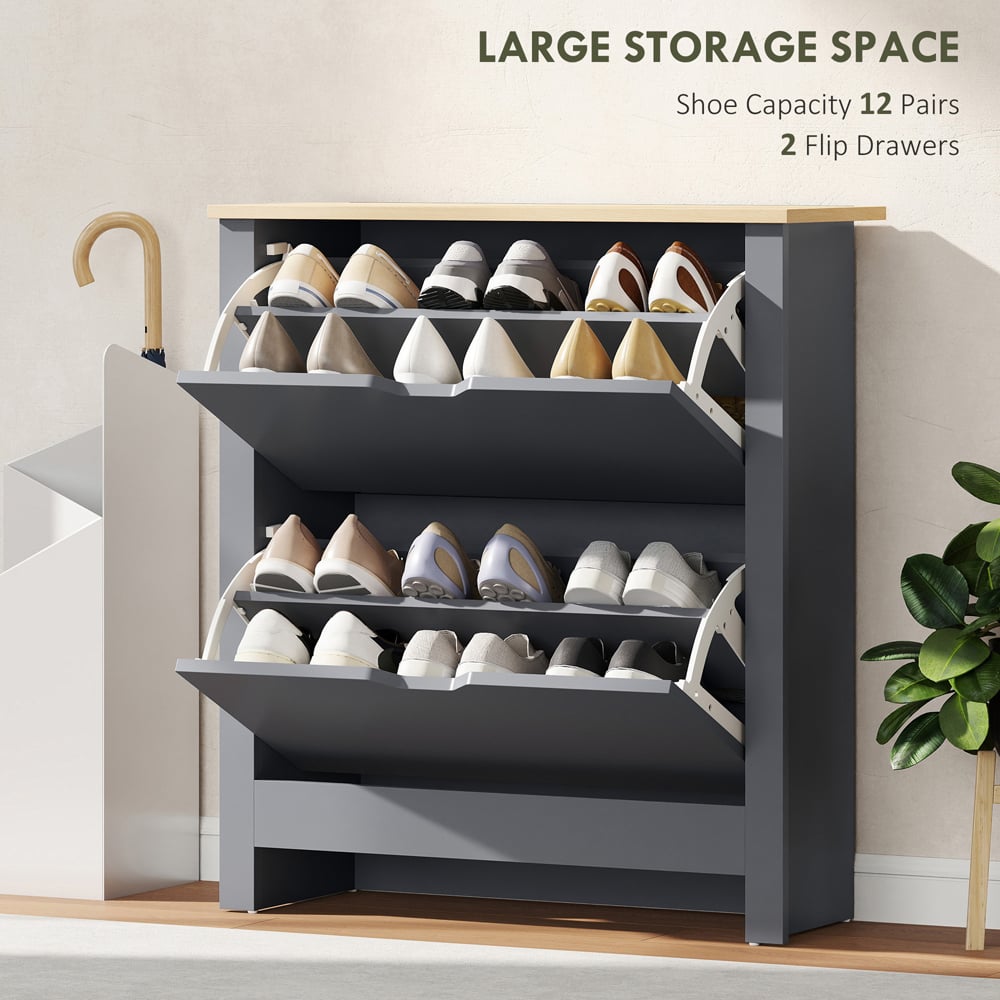 HOMCOM 2 Flip Down Door Charcoal Grey Shoe Cabinet Image 4