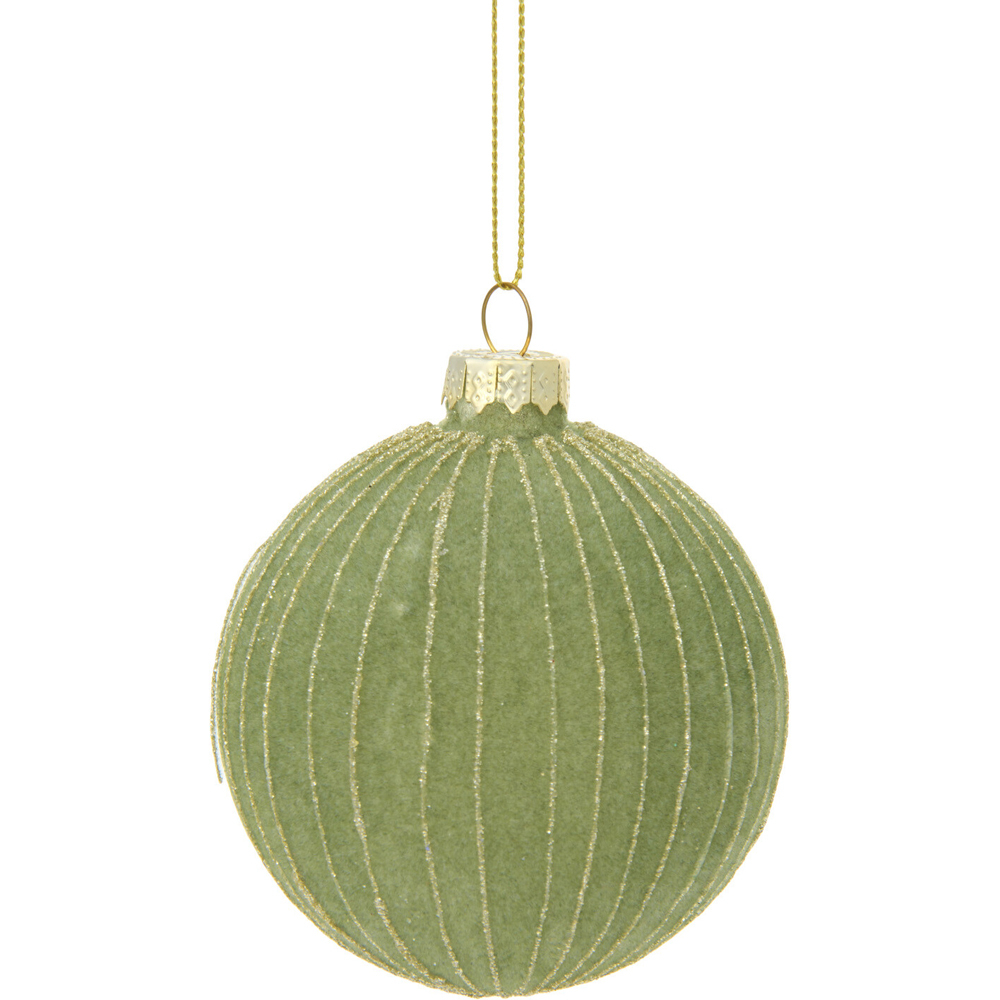 Green Flocked Striped Bauble Image 4